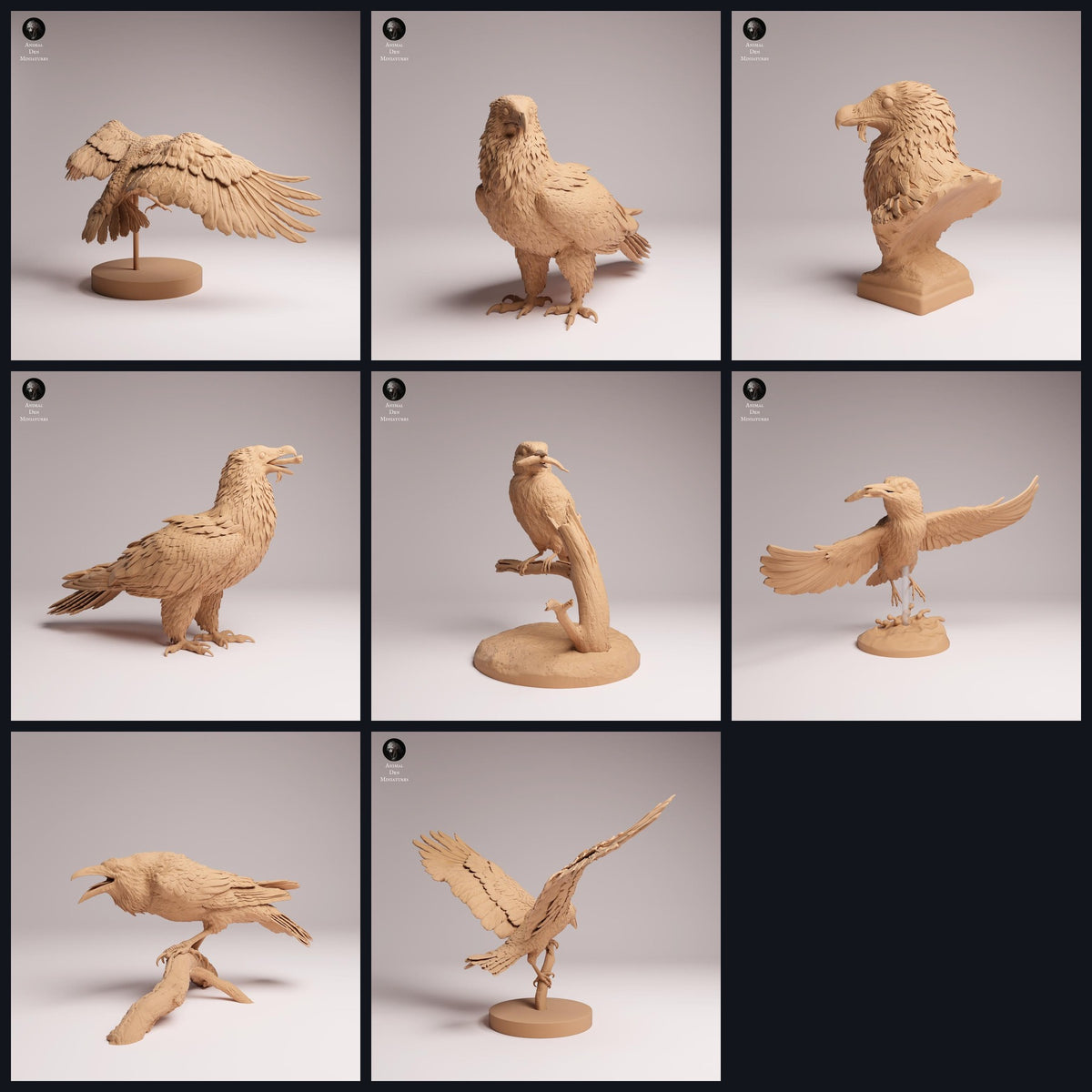 Collage con figuras de animales de Animal Den Miniatures: Birds of Prey and River Birds, lanzamiento 26_06.