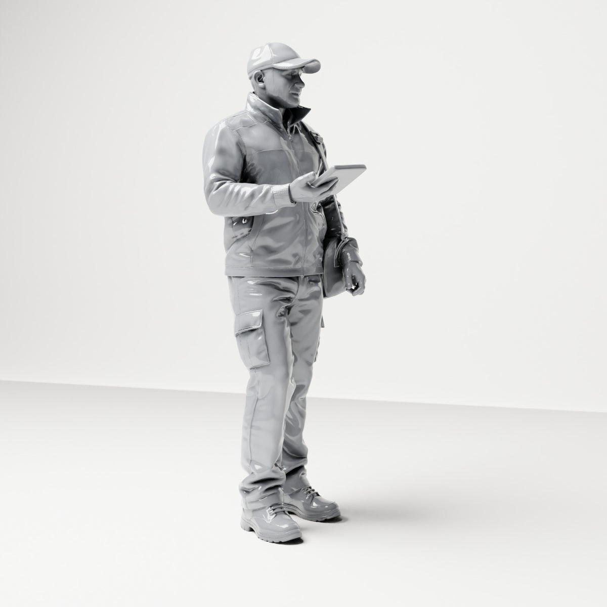 Foto de producto de maqueta para diorama 3: Figura de pie: repartidor de paquetes con gorra, bandolera y dispositivo portátil (B048)