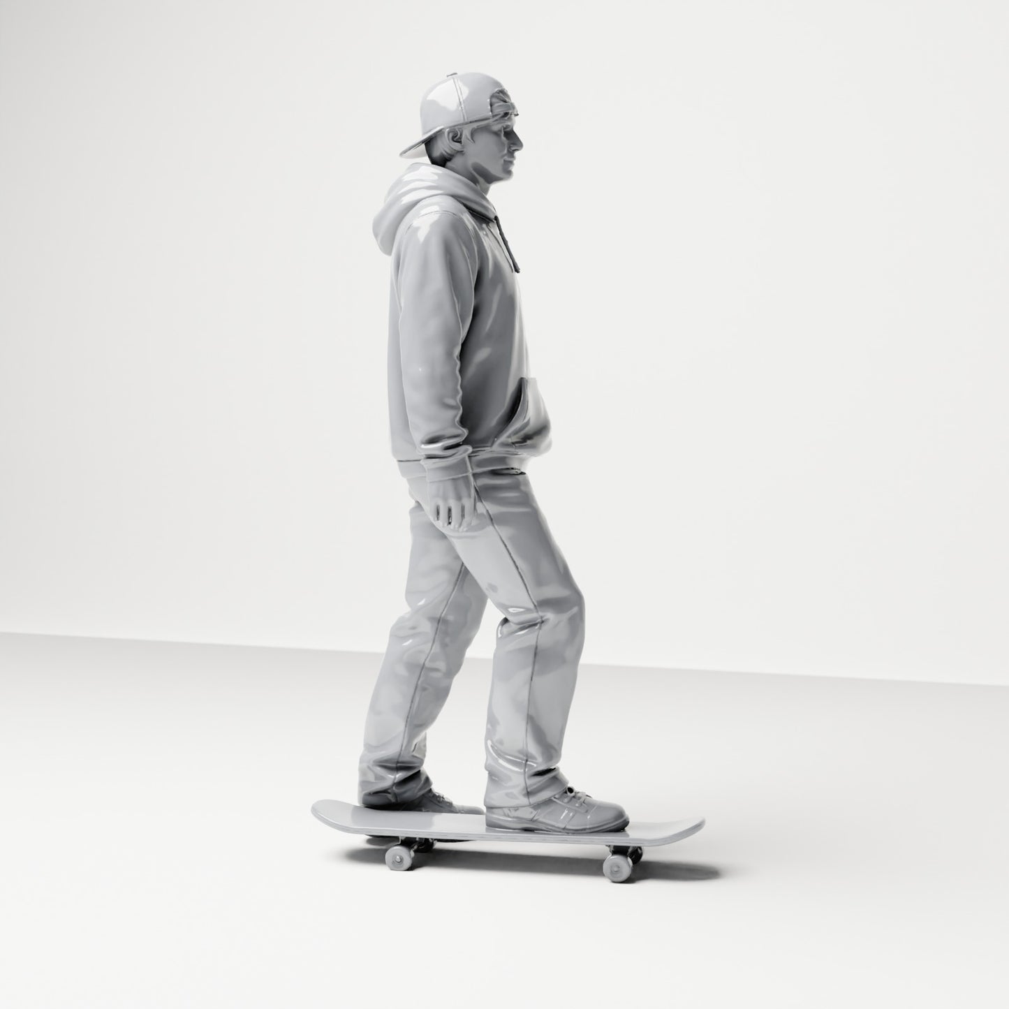 Foto de producto de maqueta de diorama 3: Figura de pie: skater con gorra, sudadera con capucha y monopatín (B054)