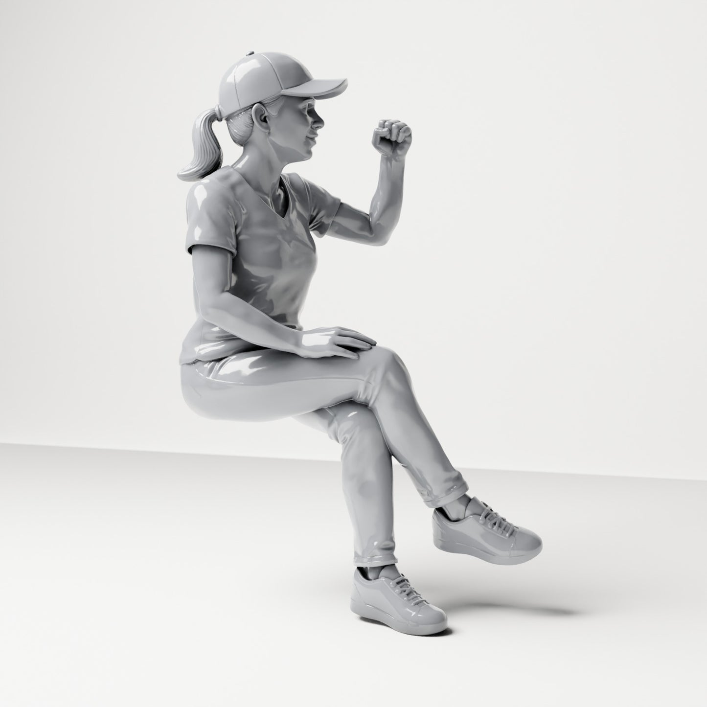 Foto de producto de maqueta para diorama 3: Figura sentada: espectadora con las piernas cruzadas y el puño levantado (B057)