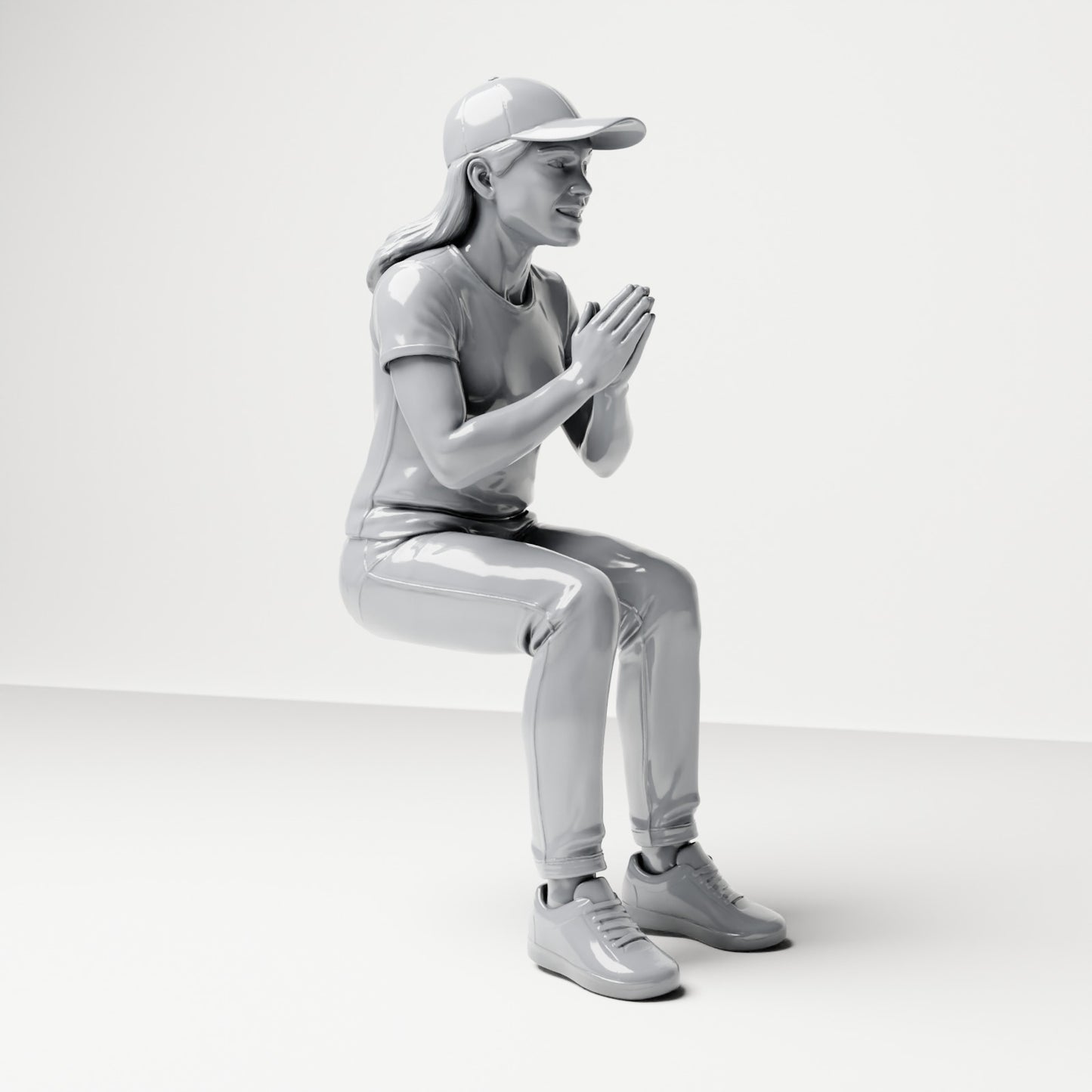 Foto de producto para maqueta de diorama 3: Figura sentada: espectadora con las manos juntas delante del pecho (B058)
