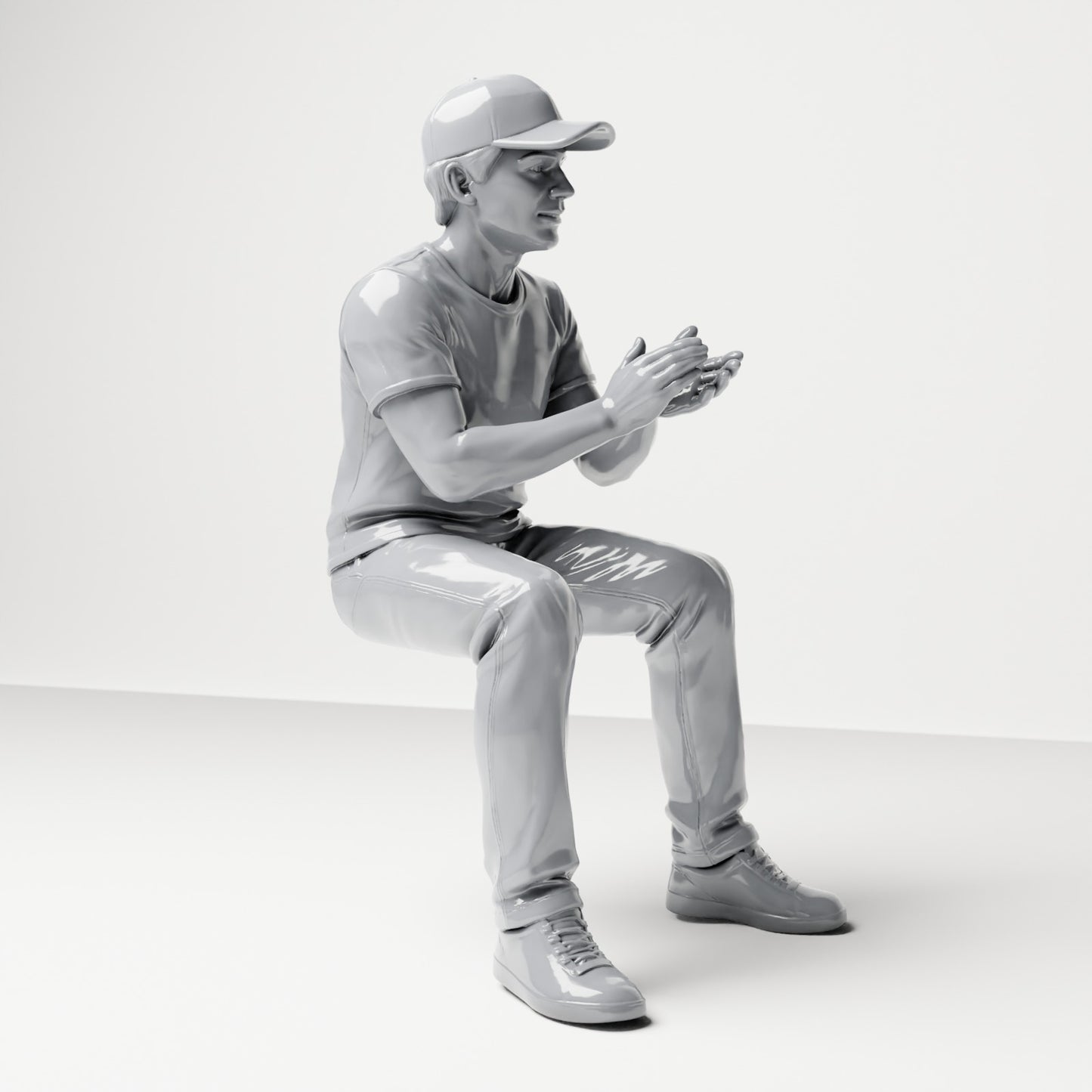 Foto de producto de maqueta para diorama 3: Figura sentada: espectador masculino con gorra y las manos juntas (B068)