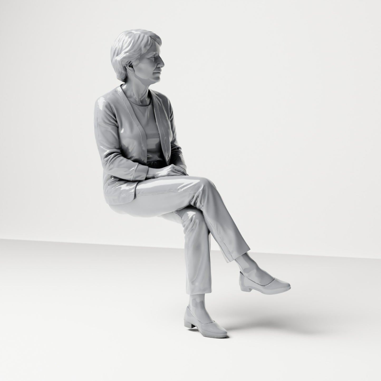 Foto de producto de maqueta para diorama 3: Figura sentada: espectadora con las piernas cruzadas y las manos entrelazadas (B069)