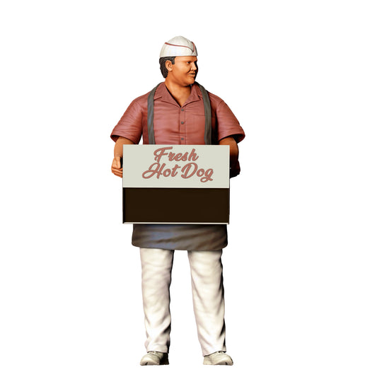 Foto del producto de modelismo de diorama 0: Vendedor de comida rápida con caja de hotdogs - Figura con delantal y gorra (Ref. Nr. 410)