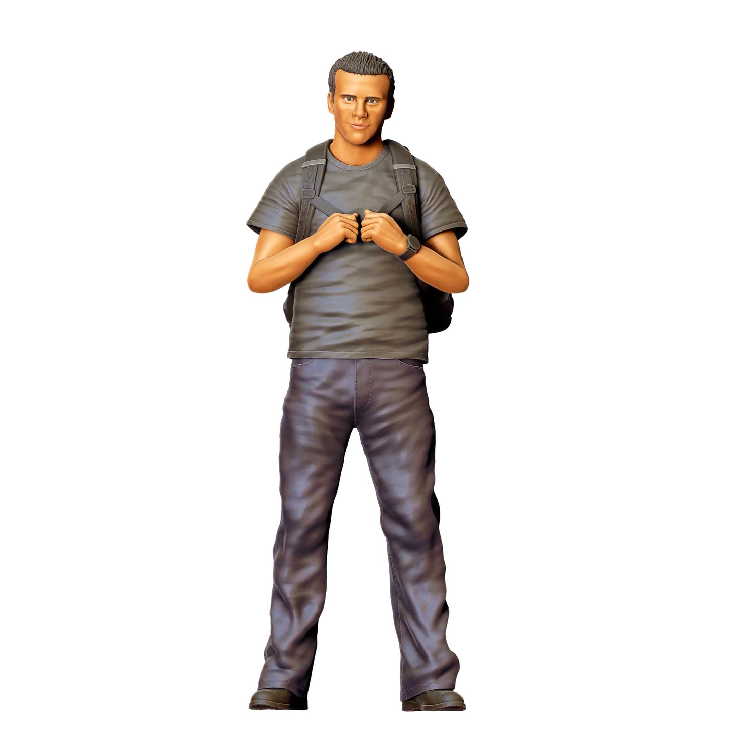 Diorama Modellbau Produktfoto 0: Junger Mann mit Rucksack – Figur in Freizeitkleidung und neutraler Haltung (Ref. Nr. 441)