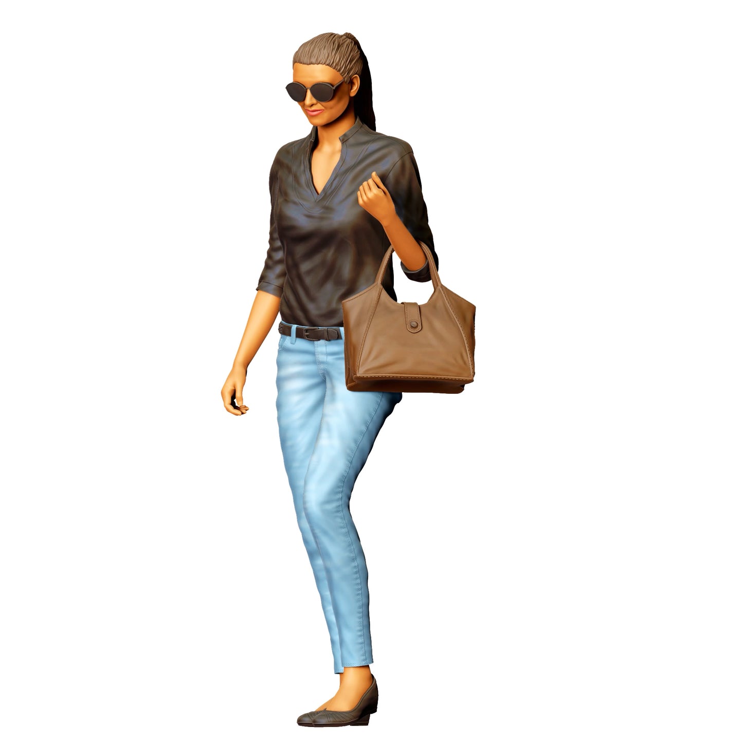 Imagen del producto 6 de 6: Mujer con gafas de sol y bolso - Figura en jeans y chaqueta de cuero (Ref. Nr. 423)