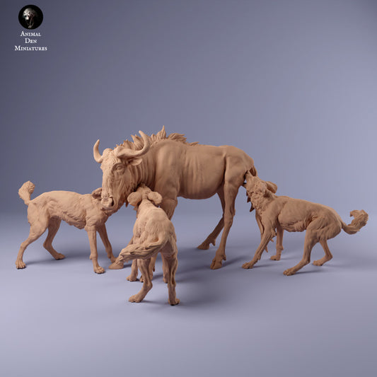 Foto del producto de figura de animal diorama, modelismo: 0: Perros salvajes africanos cazando ñu: Animales de África