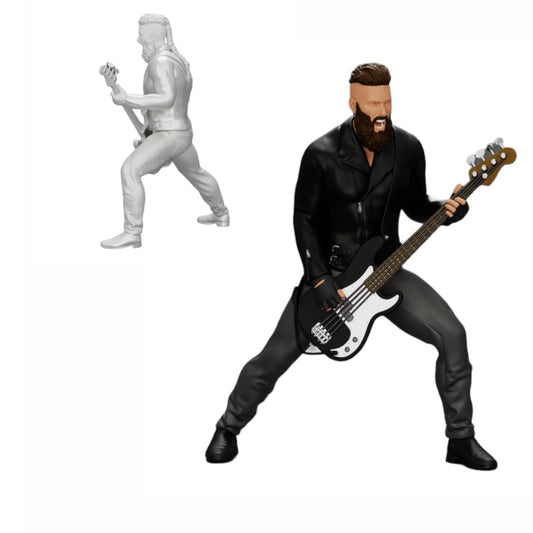 Foto de producto de modelismo de diorama 0: Rockstar tocando el bajo con chaqueta de cuero, cabello largo y barba (Ref Nr. A12)