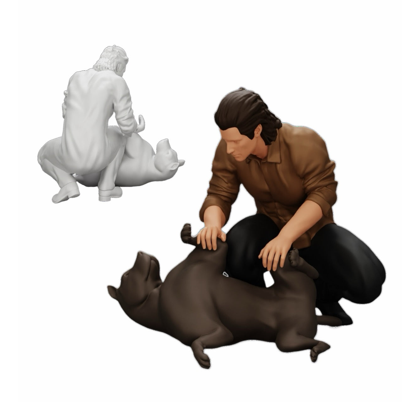 Foto del producto de modelismo de diorama 0: Hombre arrodillado acaricia a su perro acostado (Ref Nr. A20)