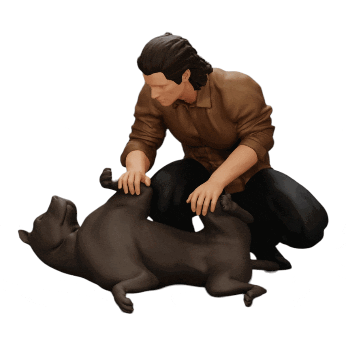 Foto del producto de modelismo de diorama 0: Hombre arrodillado acaricia a su perro acostado (Ref Nr. A20)