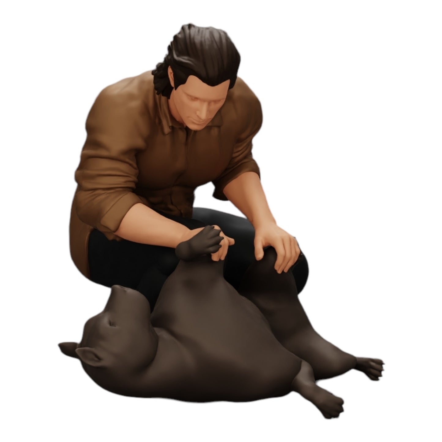 Foto del producto de modelismo de diorama 0: Hombre arrodillado acaricia a su perro acostado (Ref Nr. A20)