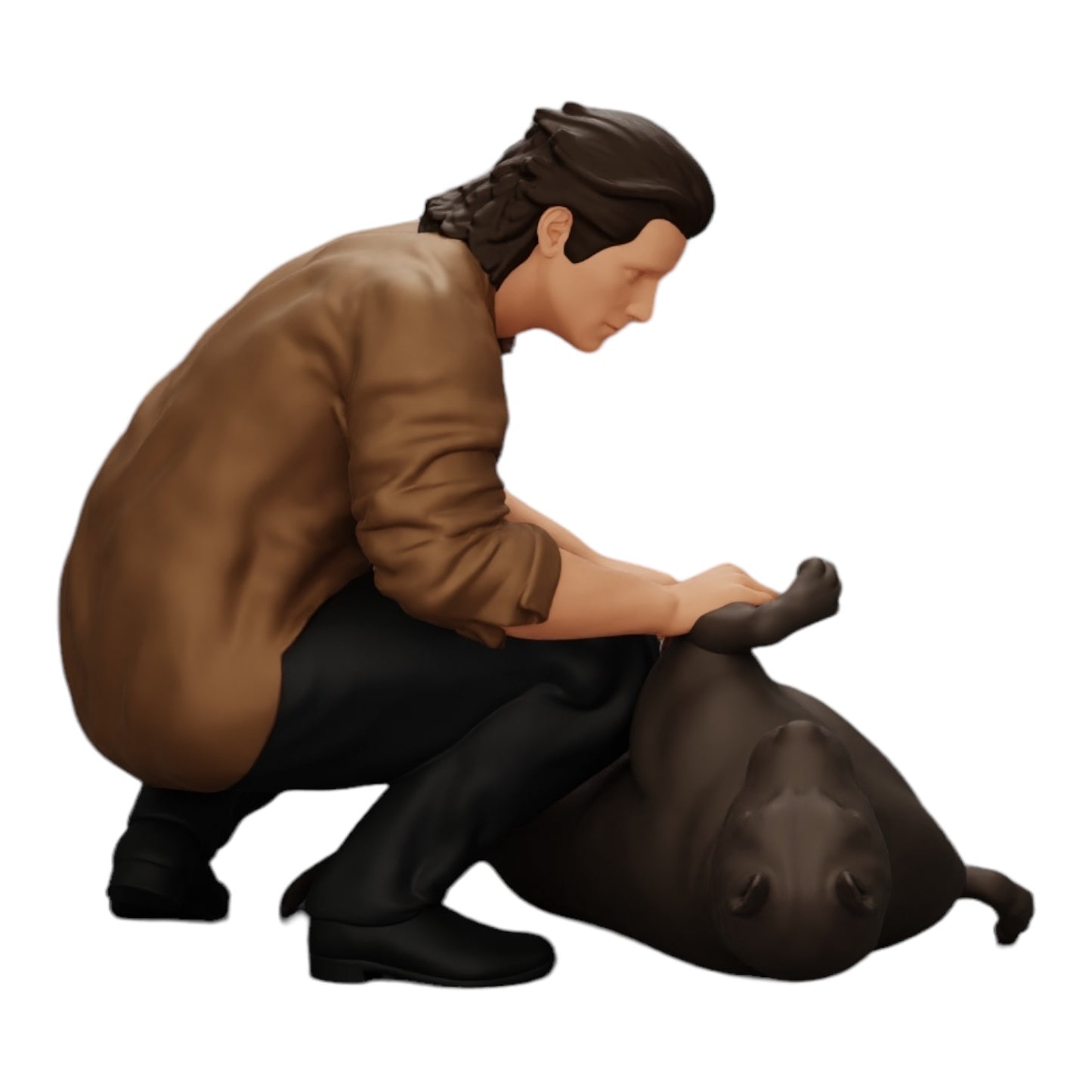 Foto del producto de modelismo de diorama 0: Hombre arrodillado acaricia a su perro acostado (Ref Nr. A20)
