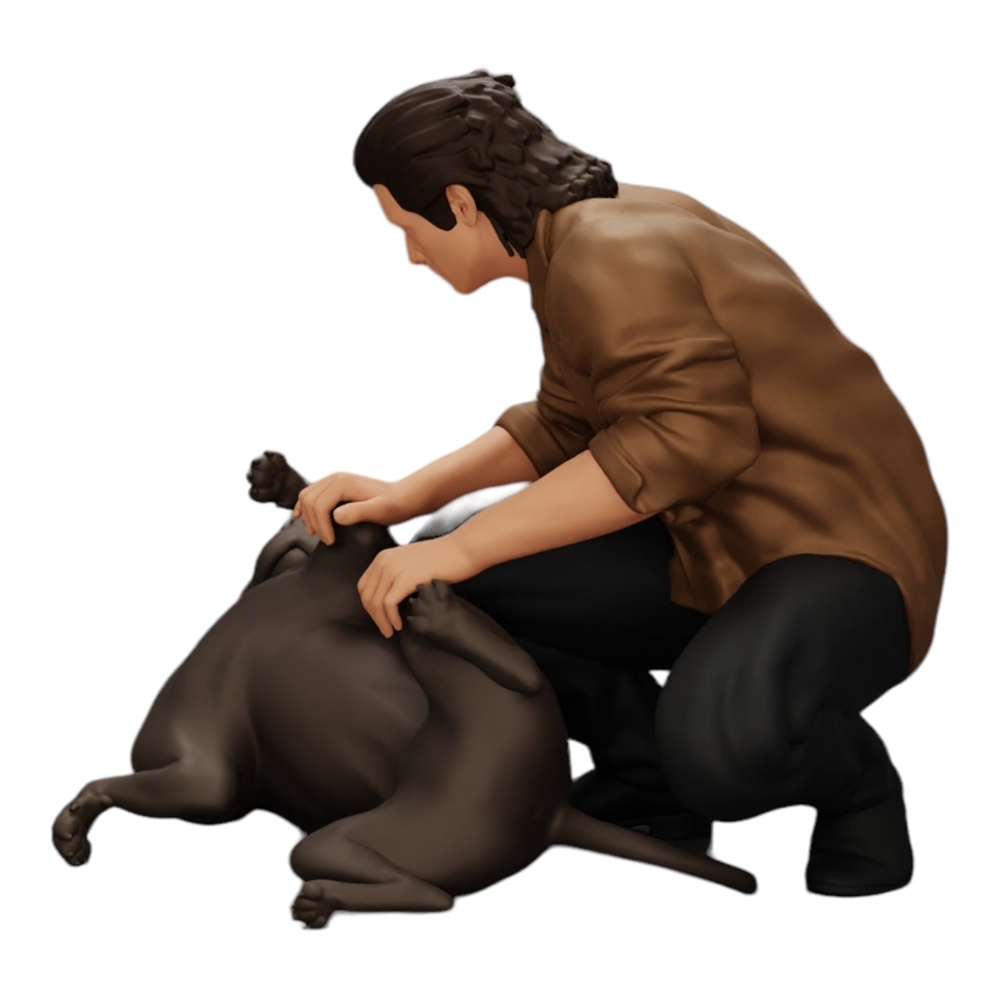 Foto del producto de modelismo de diorama 0: Hombre arrodillado acaricia a su perro acostado (Ref Nr. A20)