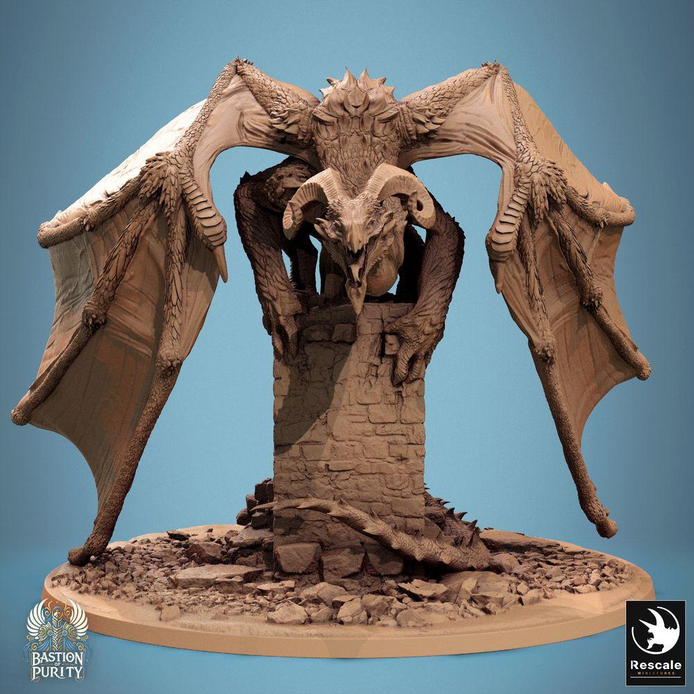 Produktfoto Tabletop 28mm Lord of the Print (LotP) 0: Tabletop Miniatur: Schattenwyrm Drache/Wyvern über Turmruine - Boss-Monster mit Ritter/Paladin als Drachenjäger, Langschwert, Diorama (24_09_F2)
