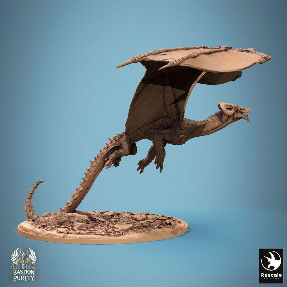 Foto del producto Tabletop 28mm Lord of the Print (LotP) 0: Figura de fantasía: Wyvern / Dragón del cielo - miniatura de dragón volador en picada, monstruo jefe con ataque de aliento, base de roca/gravilla (24_09_F3)