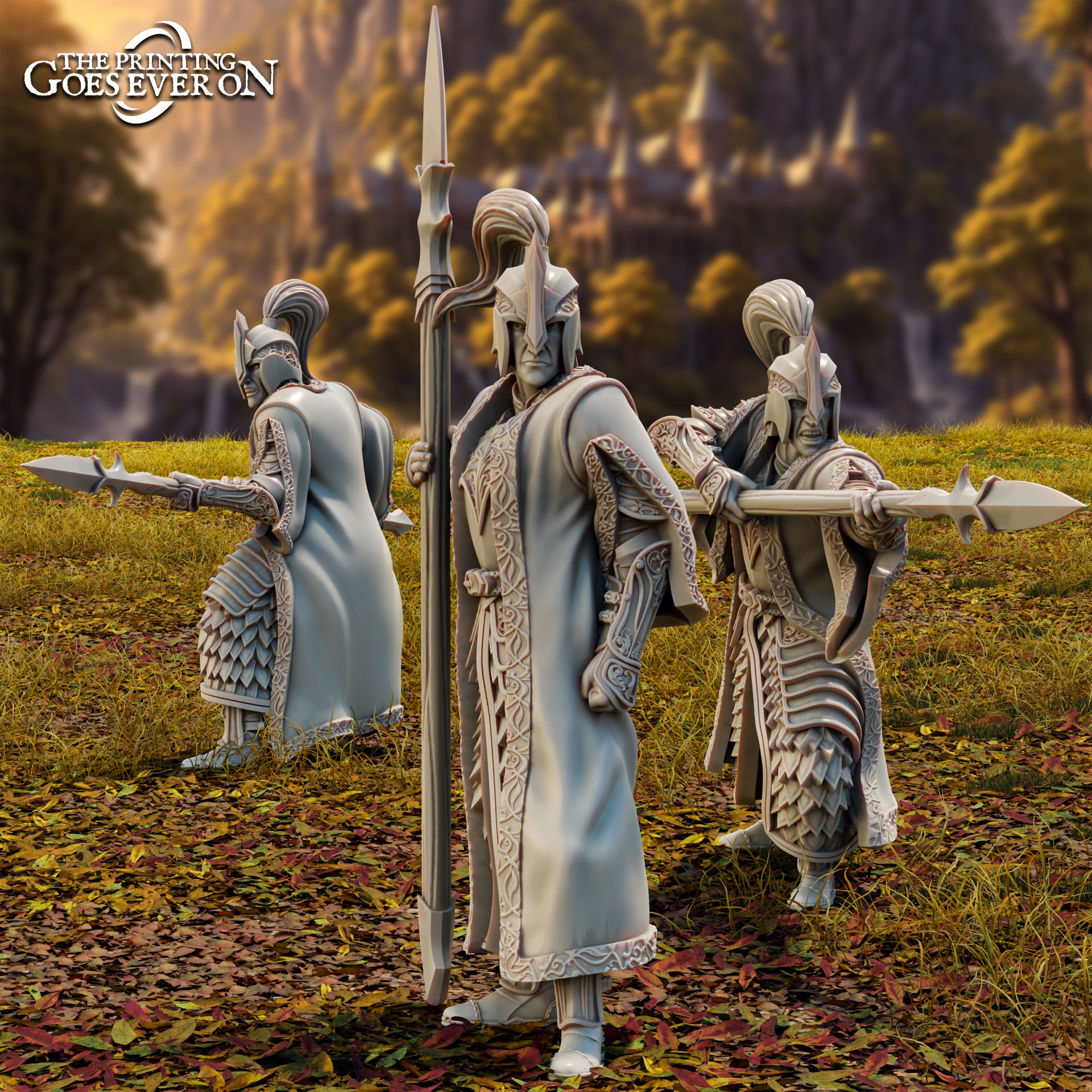 Foto del producto Tabletop 28mm The Printing Goes Ever On (TPGEO) 0: Guardianes Elfos - 3 Guerreros de Brightwood - Guardia Real con Lanzas