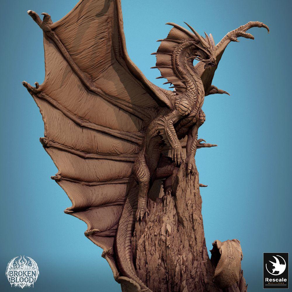 Foto del producto Tabletop 28mm Lord of the Print (LotP) 3: Miniatura de Tabletop: Dragón Dorado / Gold Dragon - Dragón Anciano Urdrache, monstruo legendario con alas extendidas sobre una aguja de roca (24_11_A3)