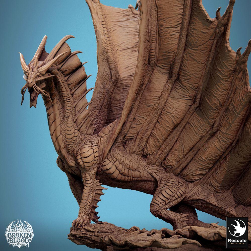 Foto del producto Tabletop 28mm Lord of the Print (LotP) 3: Miniatura de Tabletop: Antiguo Gran Dragón Wyrm, Lindwurm - Dragón Dorado, figura de jefe monstruo, rugiendo con alas extendidas sobre una base rocosa (24_11_A7)