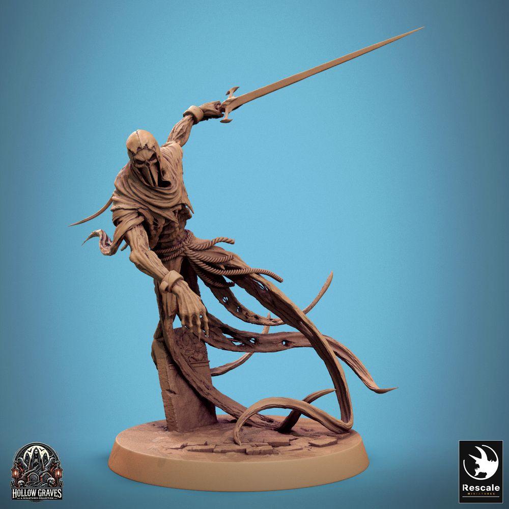 Foto del producto Tabletop 28mm Lord of the Print (LotP) 0: Miniatura de Tabletop: Wraith enmascarado, espadachín espectral y asesino no muerto con espada larga, túnicas desgastadas, pose dinámica sobre base de ruinas (24_10_B3)