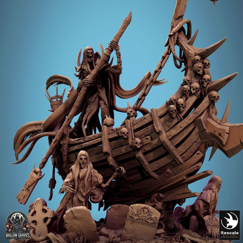 Foto del producto Tabletop 28mm Lord of the Print (LotP) 0: Miniatura de tabletop: Capitán fantasma no muerto y barquero de los muertos en barco fantasma - Nigromante, líder de los no muertos, con bastón y espada larga - G Zaltryn el Rompedor de Olas (24_10_G)