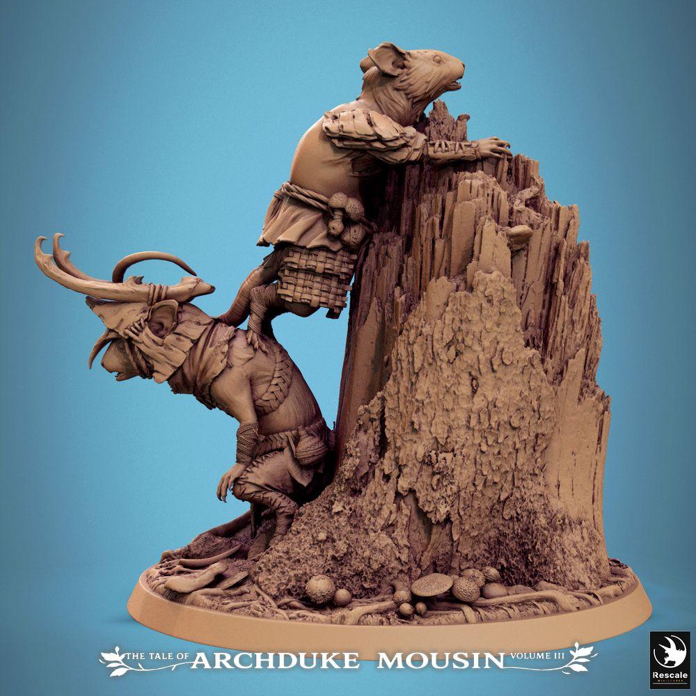 Foto del producto Tabletop 28mm Lord of the Print (LotP) 1: Miniatura de Tabletop: Guerrero Rattenmensch y Pícaro Ratón en tocón de árbol - Explorador/Ranger, armadura de escamas, cuerda de escalada, base de diorama (25_07_Q9)