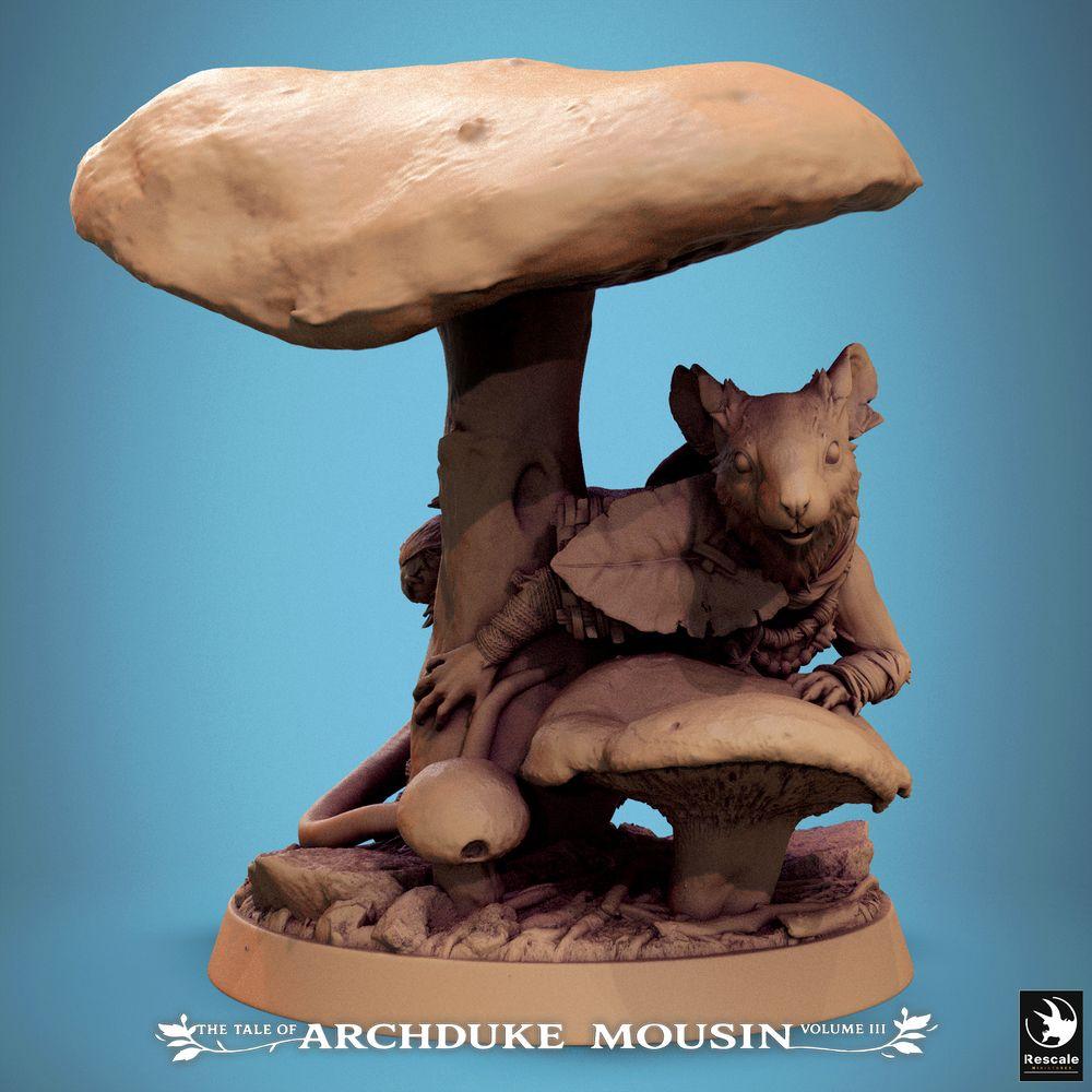 Foto del producto Tabletop 28mm Lord of the Print (LotP) 0: Figura de fantasía: Ratón antropomórfico - Explorador/Ranger, Pícaro, Scout en el bosque de hongos bajo un sombrero de hongo, Capa de hojas, Base escénica (25_07_Q21)