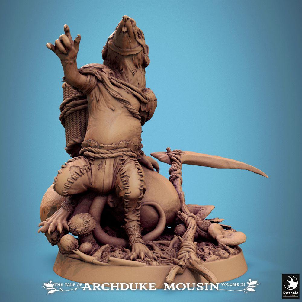 Foto del producto Tabletop 28mm Lord of the Print (LotP) 0: Miniatura de Tabletop: Rattenmensch Ratfolk Chamán/Druida, Líder tribal, Saqueador/Recolector - agachado con guadaña, mochila de cesta y base de hongo (25_07_Q1)