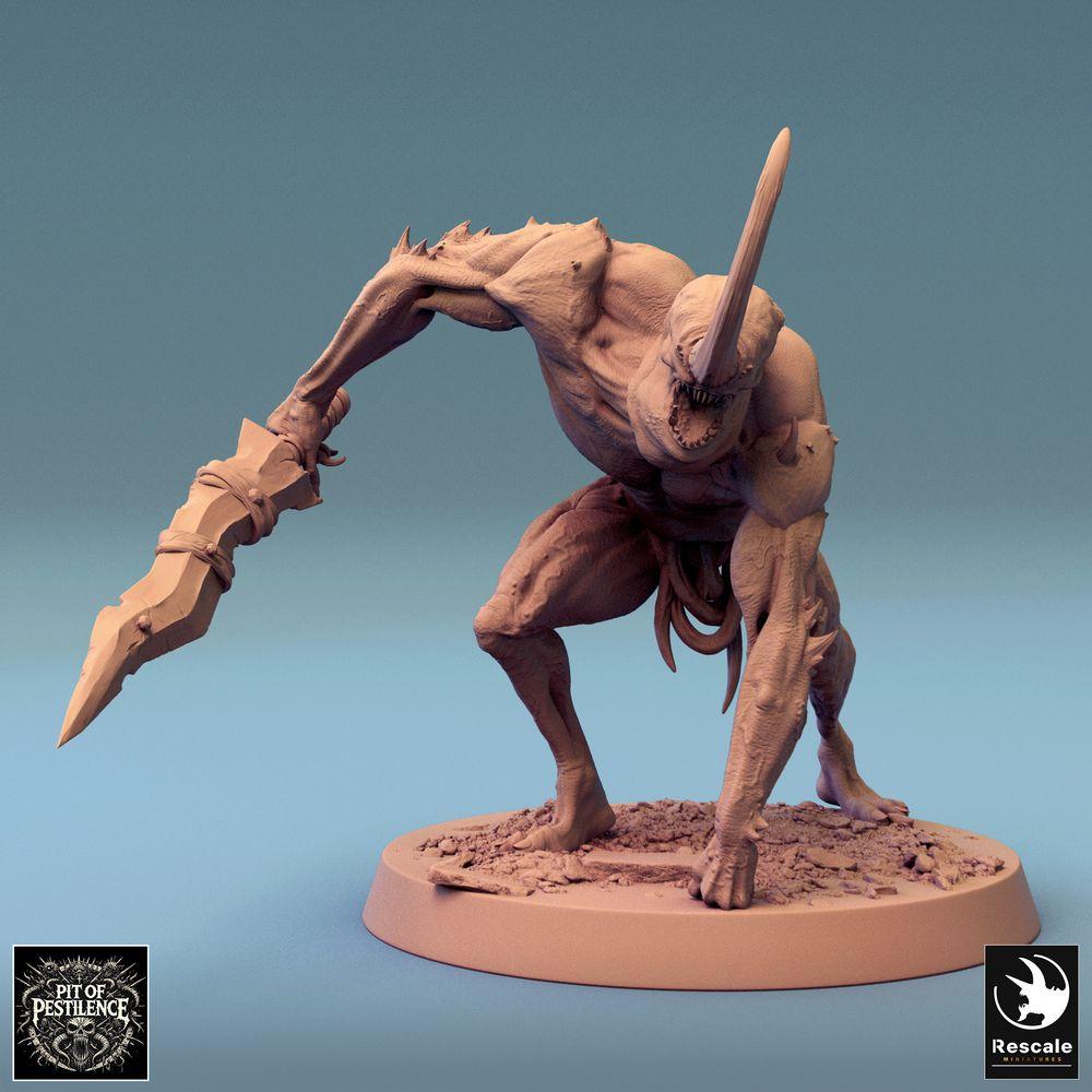Foto del producto Tabletop 28mm Lord of the Print (LotP) 0: Miniatura de Tabletop: Guerrero demoníaco, demonio cornudo, monstruo, terror del abismo - Bestia de las cuchillas con hoja dentada, rugiendo en ataque (24_08_F15)