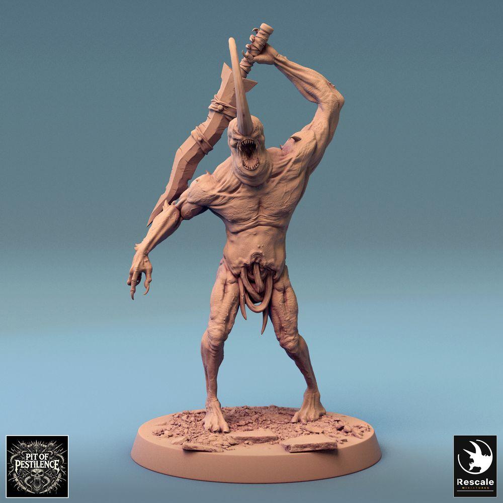 Foto del producto Tabletop 28mm Lord of the Print (LotP) 0: Miniatura de Tabletop: Demonio Cornudo Demonios de la Cría - Berserker Mutante con espada grande de doble mano y dientes de sierra, jefe enemigo en combate cuerpo a cuerpo (24_08_F19)