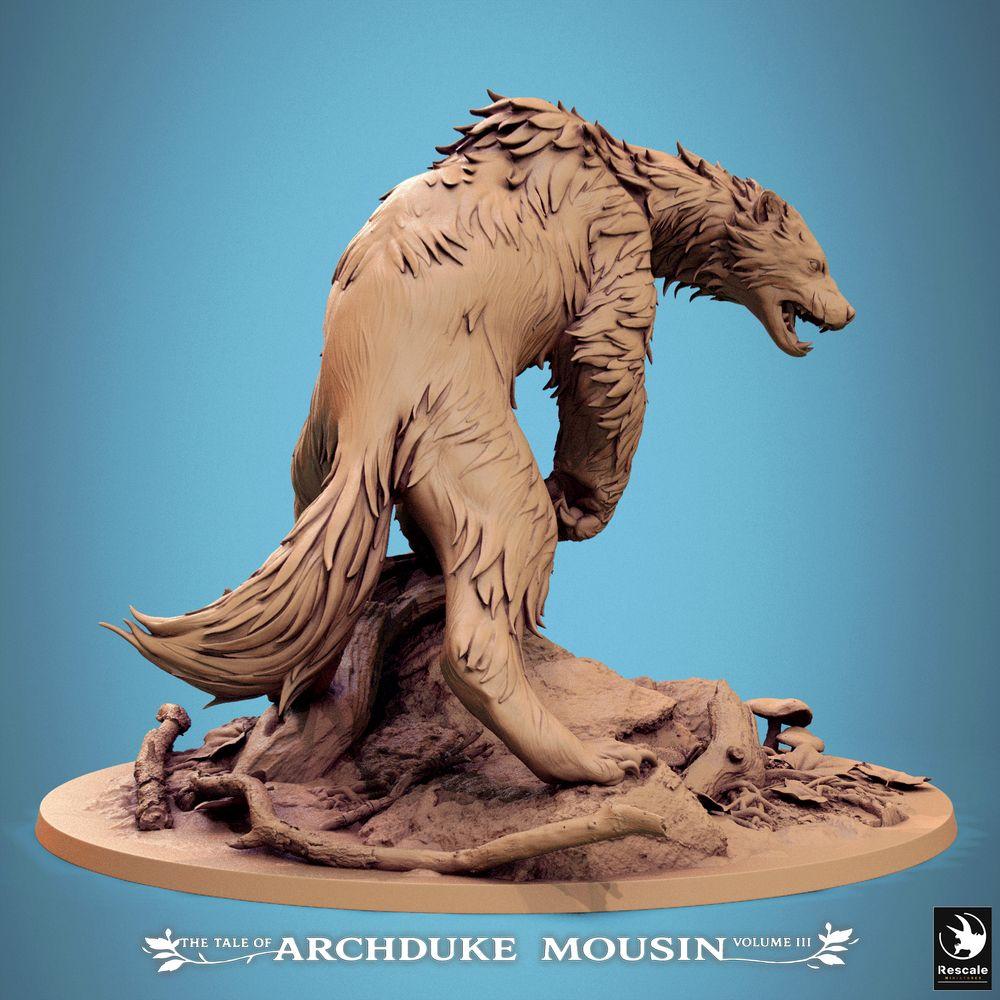 Foto del producto Tabletop 28mm Lord of the Print (LotP) 1: Miniatura de Tabletop: Oso del Terror / Hombre Oso / Monstruo Oso - Bestia del bosque, miniatura de monstruo con garras largas y colmillos afilados, agazapado depredador sobre un tronco caído (25_07_A1)