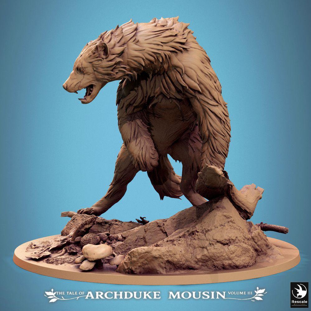 Foto del producto Tabletop 28mm Lord of the Print (LotP) 2: Miniatura de Tabletop: Oso del Terror / Hombre Oso / Monstruo Oso - Bestia del bosque, miniatura de monstruo con garras largas y colmillos afilados, agazapado depredador sobre un tronco caído (25_07_A1)