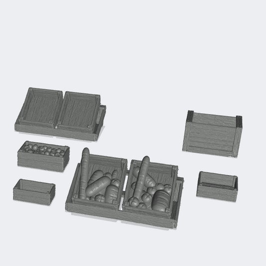 Foto del producto Miniatura Muebles, Decoración Diorama y Modelismo 0: Mercado y Bazar: 6 cajas, cajas de frutas - vacías, con pan y con frutas