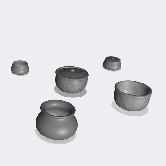 Foto del producto Miniatura Muebles, Decoración Diorama y Modelismo 0: A la mesa: 5 ollas con y sin tapa