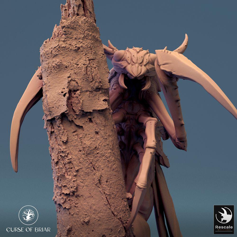 Foto del producto Tabletop 28mm Lord of the Print (LotP) 0: Miniatura de Tabletop: Skycutter, criatura insectoide del bosque, cazador emboscador en tronco de árbol con garras de guadaña, monstruo mantis/avispa, base de diorama (24_07_E7)