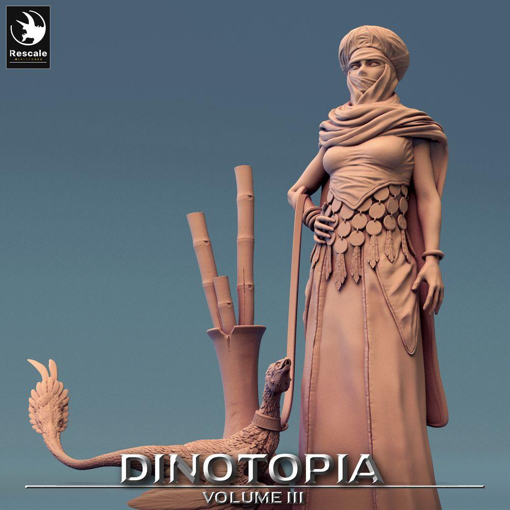 Foto del producto Tabletop 28mm Lord of the Print (LotP) 0: Figura de fantasía: Nómada del desierto y maestra de bestias con dinosaurio emplumado - Exploradora, líder tribal, vigía (24_06_E13)