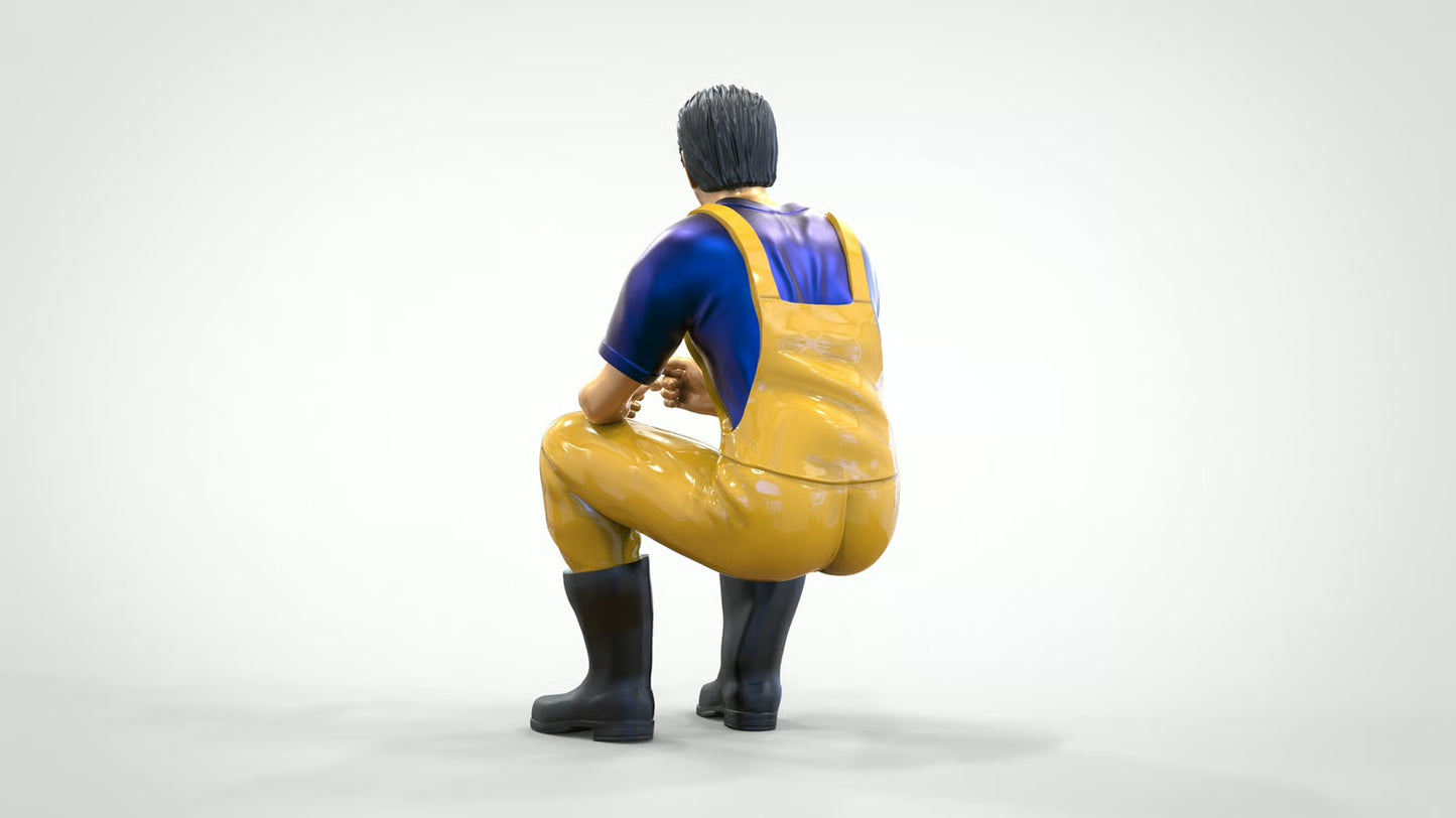 Diorama Modellbau Produktfoto 0: Sitzender Fischer mit Bart – Figur in Ölzeug und Gummistiefeln (Ref. Nr. 443)