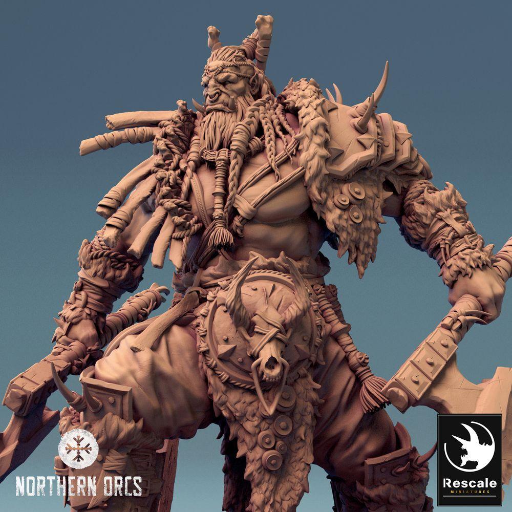 Foto del producto Tabletop 28mm Lord of the Print (LotP) 0: Miniatura de Tabletop: Orco Berserker, Jefe de Guerra Orco, Guerrero con dos hachas (24_04_E1)