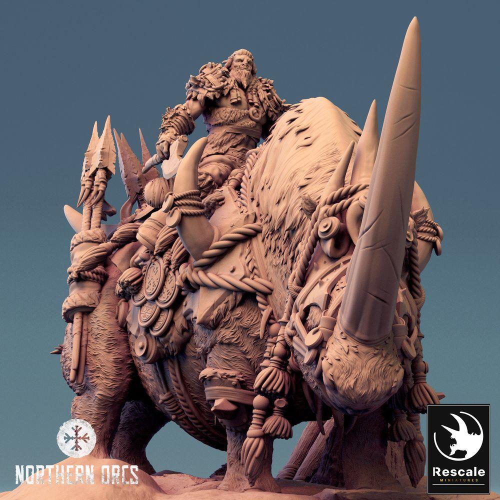 Foto del producto Tabletop 28mm Lord of the Print (LotP) 0: Miniatura de Tabletop: Señor de la Guerra Orco sobre Rinoceronte Gigante, Jinete de Bestias con Lanza, Jinete Orco de Rinoceronte (24_04_D2)