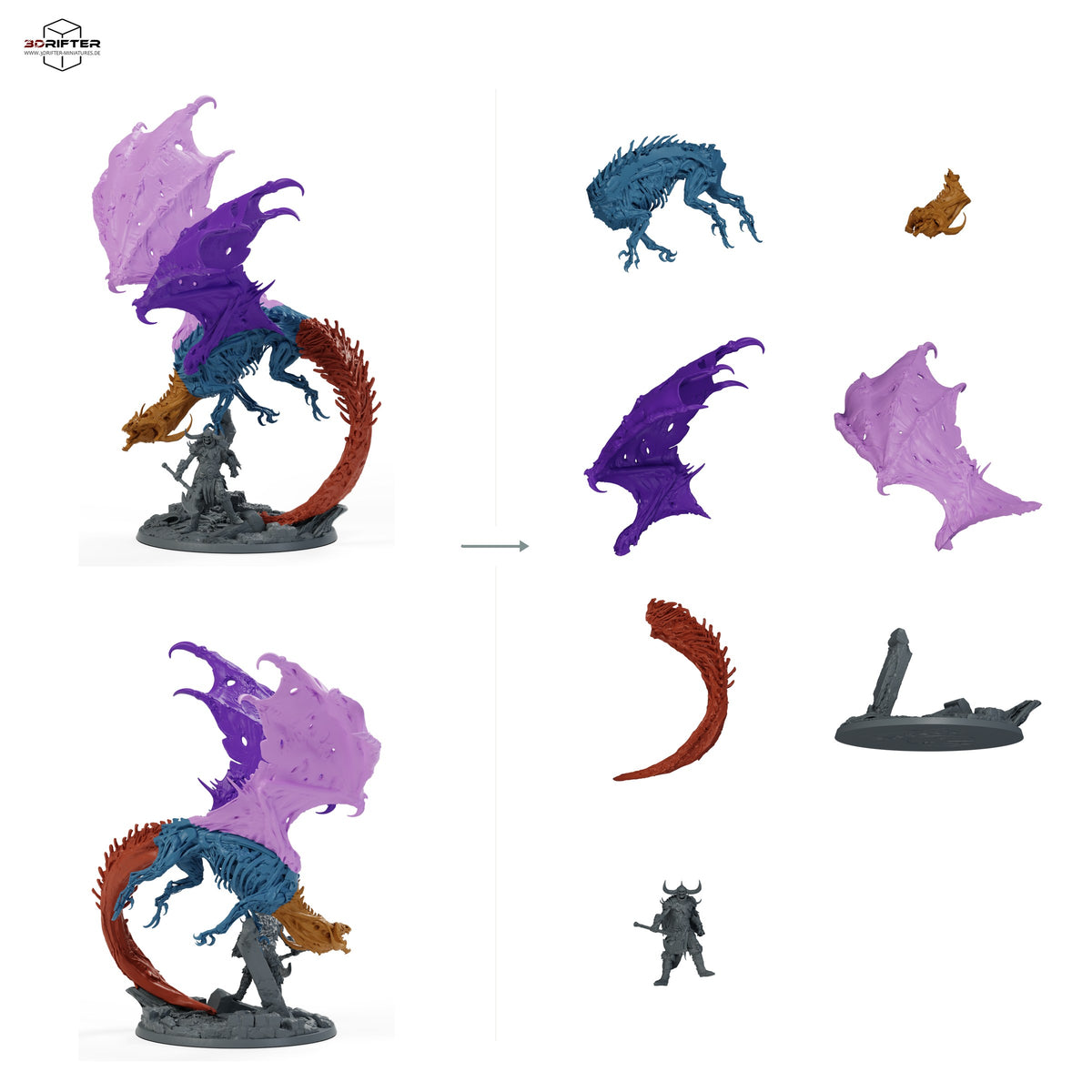 Roter Dracolich, untoter Skelettdrache im Angriff mit Axtkrieger, Drachenmonster, Fantasy Figur (Red Dracolich Attack): Bauteilübersicht mit Vorder- und Rückansicht sowie 7 farblich markierten Einzelteilen.