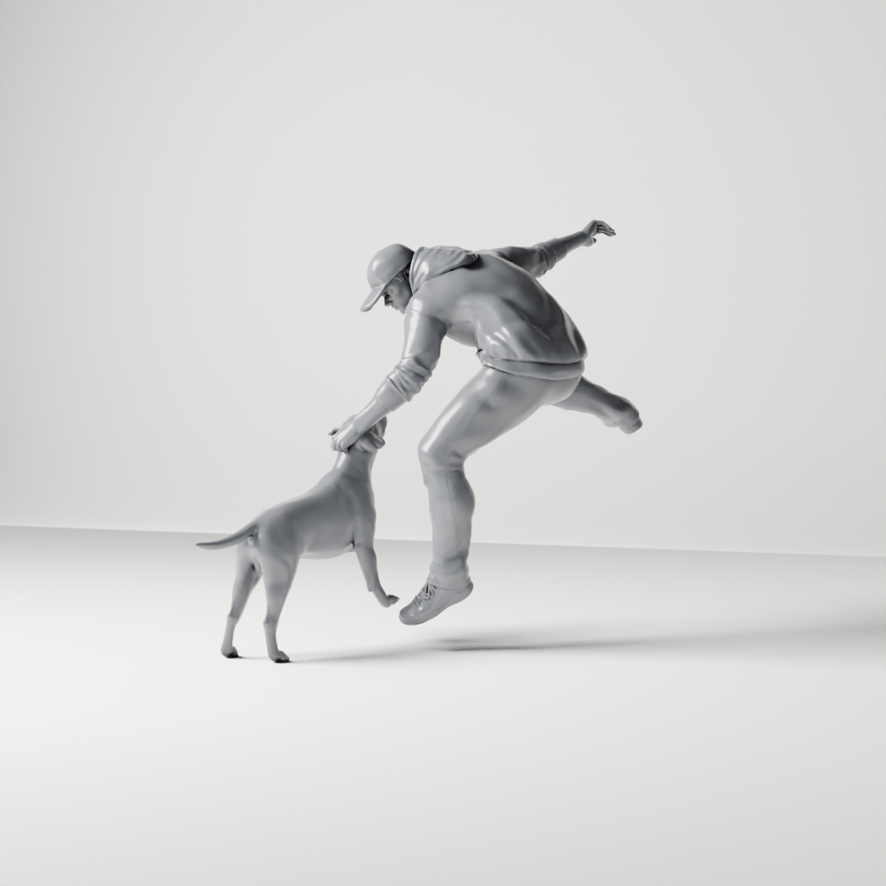Diorama Modellbau Produktfoto 5: Diorama Figur: Springender Mann mit Kapuzenpullover rettet Hund (a200)
