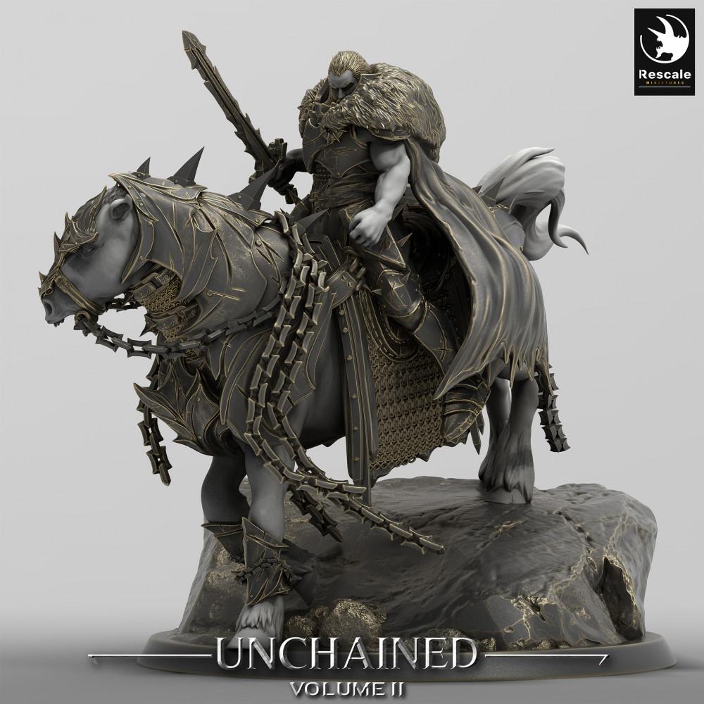 Foto del producto Tabletop 28mm Lord of the Print (LotP) 0: Miniatura de Tabletop: Caballero Oscuro / Death Knight en caballo de guerra acorazado - Figura de jinete con espada de dos manos y arma de cadena, líder de la caballería oscura (24_05_M)