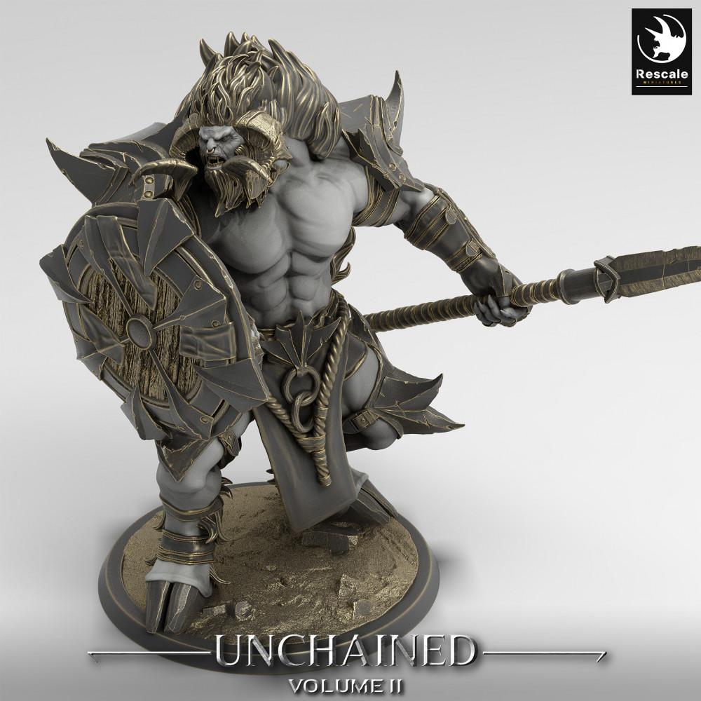 Produktfoto Tabletop 28mm Lord of the Print (LotP) 0: Fantasy Figur: Minotauren-Wächter, Speerträger mit Rundschild, Bestienkrieger - Minotaur Guard (24_05_G2)