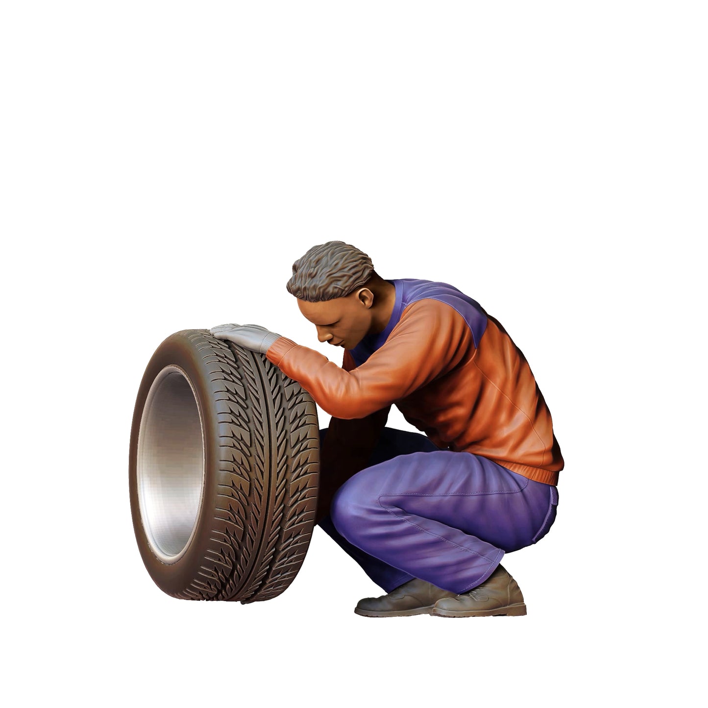 Produktfoto 0: Mechaniker kniend: Reifenwechsel in der Autowerkstatt