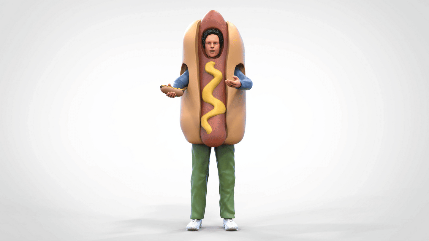 Foto del producto Diorama y modelismo figura en miniatura: vendedor de hot dogs con disfraz de hot dog