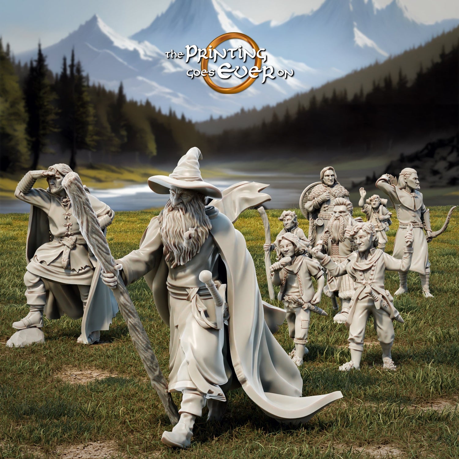 Imagen de colección para The Printing Goes Ever On Minis: grupo de héroes en pose de aventura como miniaturas de 28 mm Tabletop.