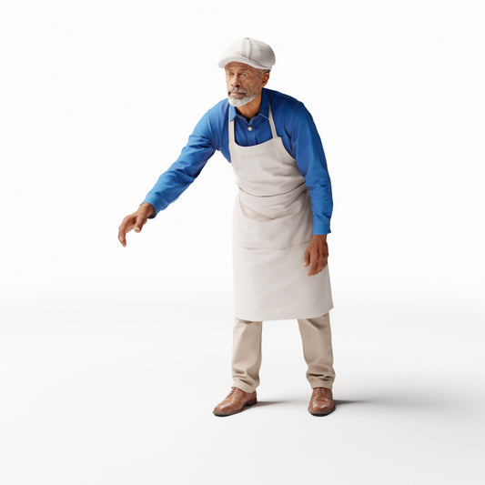 Diorama Modellbau Produktfoto 0: Stehende Figur: Koch oder Grillmeister mit Schürze und Mütze greift (Ref. Nr. 537)