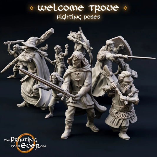 Produktfoto Tabletop 28mm The Printing Goes Ever On (TPGEO)  0: 9 Helden in Kampfpose: Gefährten aus Menschen, Elben, Zwergen und Halblingen - Krieger