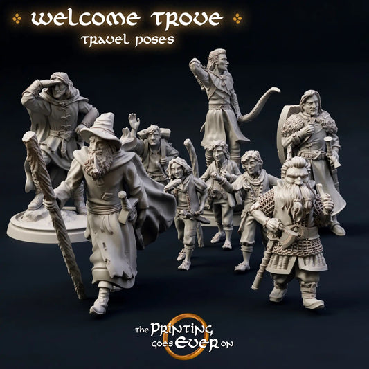 Produktfoto Tabletop 28mm The Printing Goes Ever On (TPGEO)  0: 9 Helden in Wanderpose: Gefährten aus Menschen, Elben, Zwergen und Halblingen - Wanderer