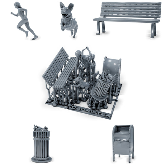 Foto de producto 0 de modelismo de dioramas: set de figuras para diorama: corredora con perro, banco de parque y accesorios urbanos (h0_40)