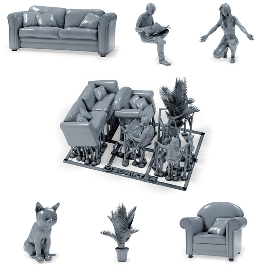 Foto de producto 0 de modelismo de dioramas: salón en miniatura con muebles, lector, mujer, gato y planta en maceta (h0_37)